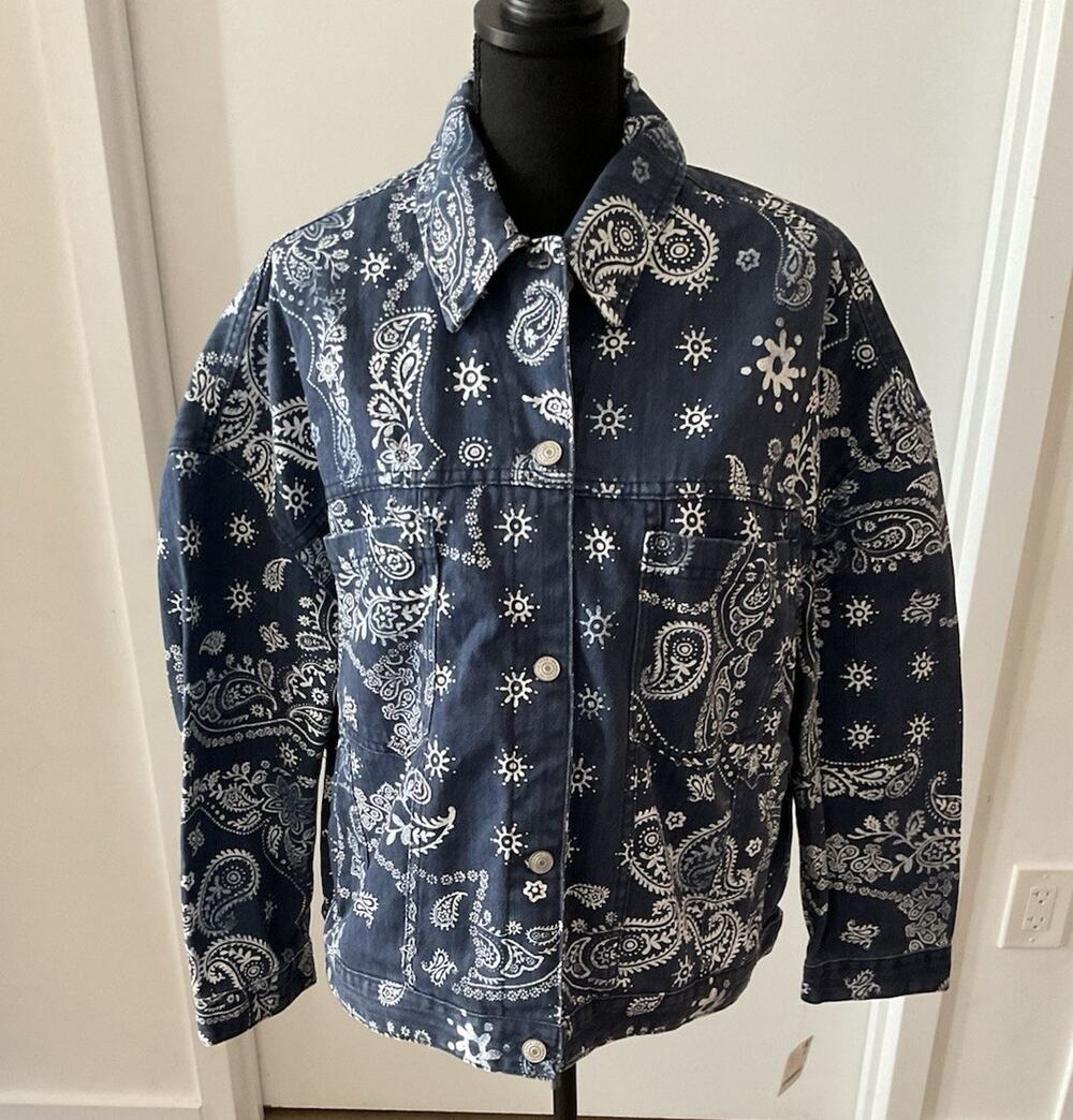 We The Free Women’s Blue/White Paisley Bandana Button Front Pocket Jacket, M - Picture 1 of 5
